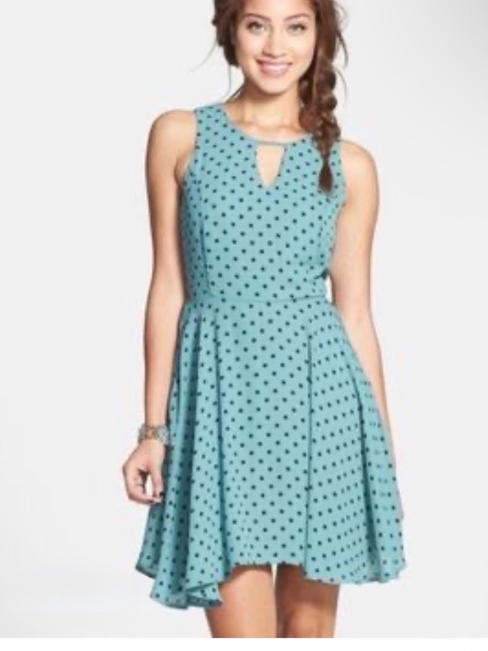 NEW! Dee Elle Sleeveless Teal Polka Dot Keyhole Skater Dress size small